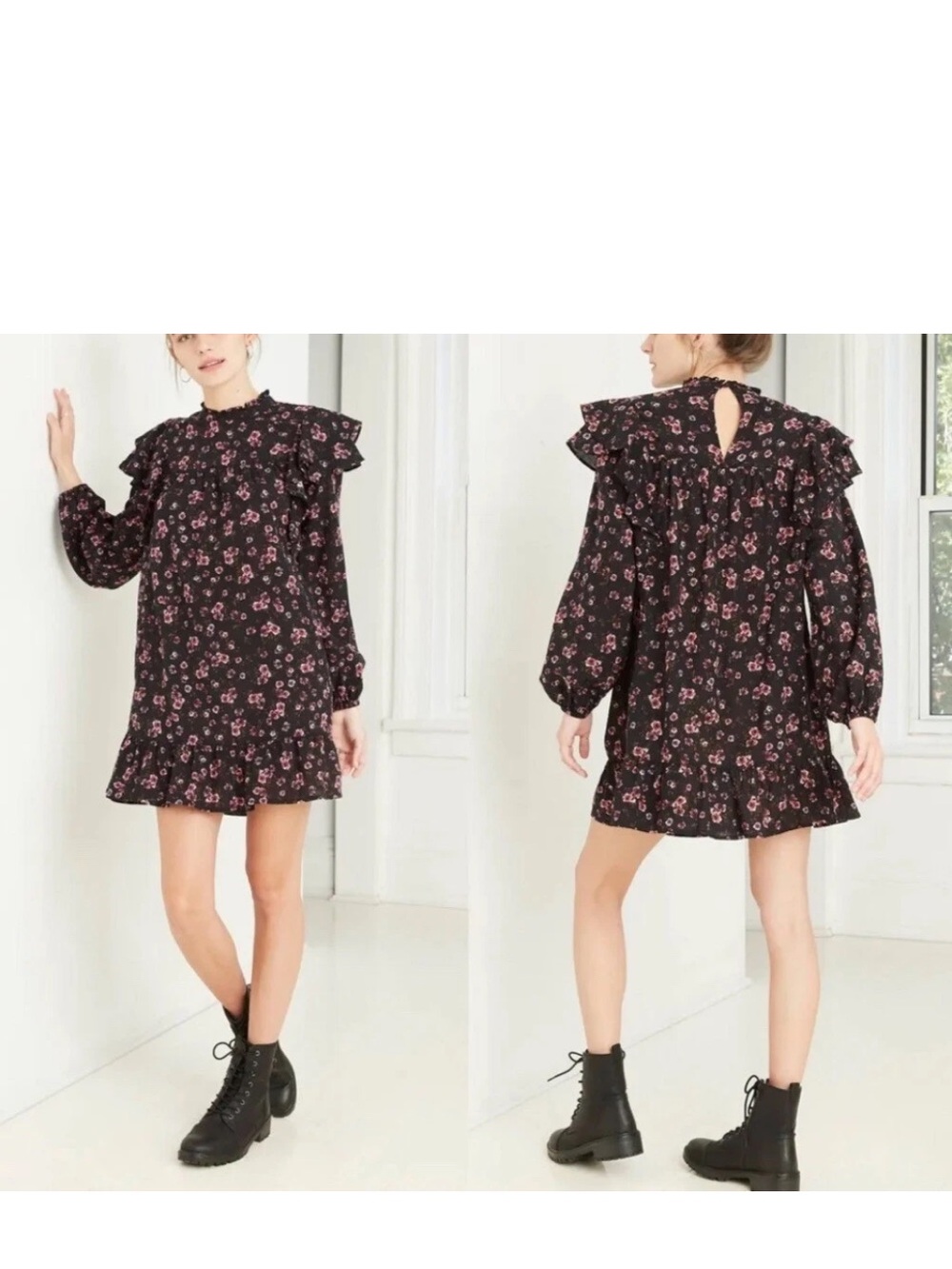 Wild Fable Long Sleeve Ruffle Dress Black Floral Peasant Dark Academia XL New